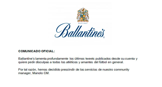 El lío del community manager de Ballantine’s. O cómo colocar a una marca en los titulares de prensa